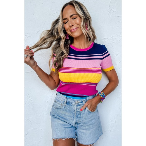 Pink Mixed Stripes Ribbed Knit Top - L - Main Image