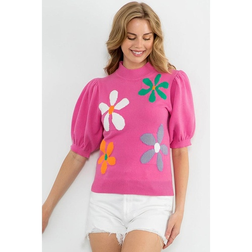 Bright Pink Floral Bubble Short Sleeve Sweater - M - Main Image