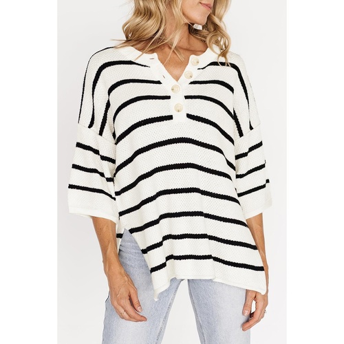 White Stripe Henley Buttoned Placket Drop Shoulder Bracelet Sleeve Knit Sweater Tee - L - Main Image