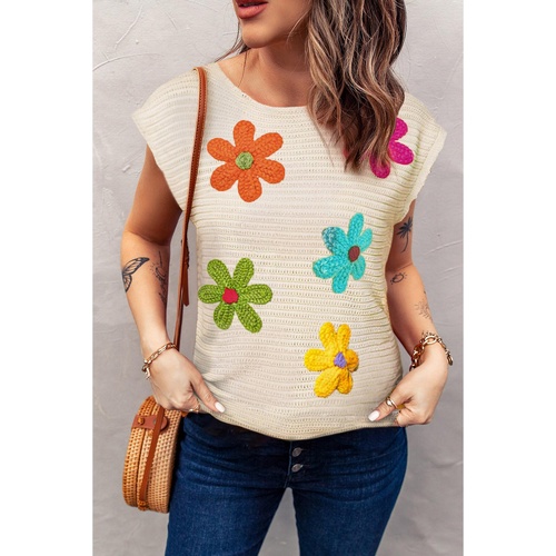 White Flower Crochet Round Neck Knitted Top - M - Main Image