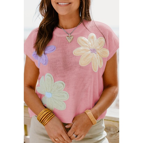Pink Multi Crochet Flower Knit Short Sleeve Sweater Top - S - Main Image