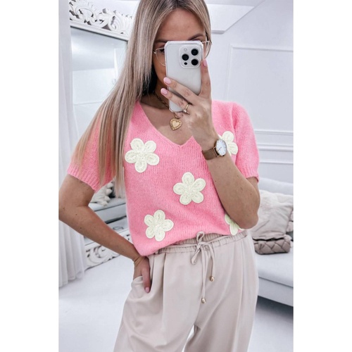 Pink Flower Crochet V Neck Short Sleeve Sweater - S - Main Image