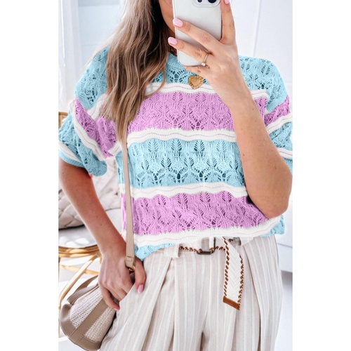 Purple Stripe Color Block Hollow Out Crochet Half Sleeve Sweater - M - Main Image