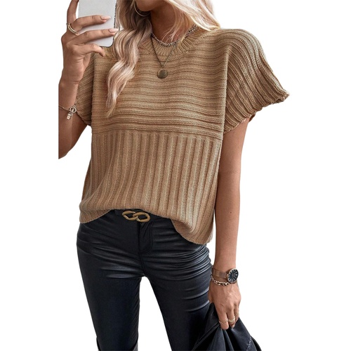 Light French Beige Rib Knitted Wide Sleeve Sweater T Shirt - L - Main Image