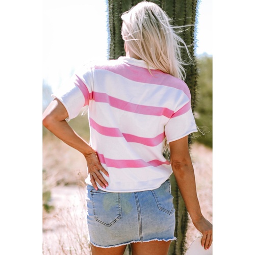 Pink Stripe Dropped Short Sleeve Lightweight Knitted Top - XL - Main Image