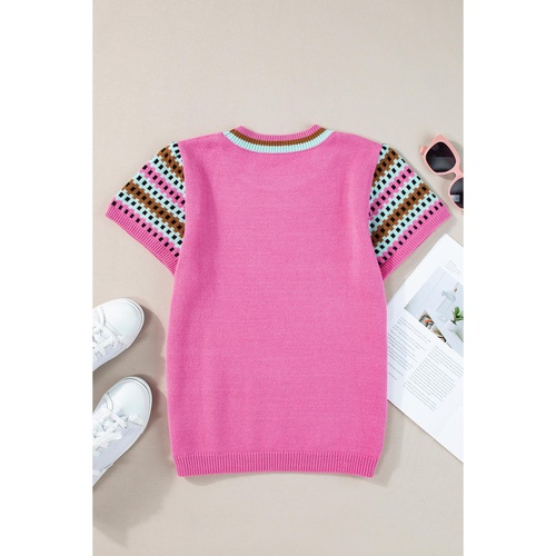 Bright Pink Contrast Printed Cap Sleeves Crewneck Sweater - XL - Main Image