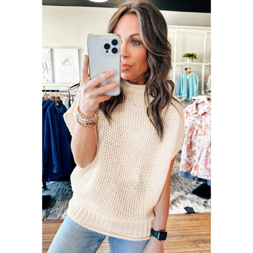 Beige High Neck Bat Short Sleeve Sweater - L - Main Image