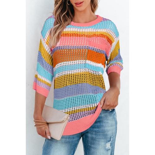 Pink Stripe Colorblock Hollowed Crochet 3/4 Sleeve Sweater - S - Main Image