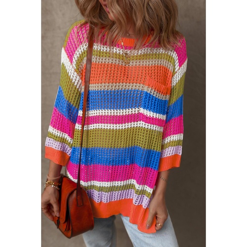 Orange Stripe Colorblock Hollowed Crochet 3/4 Sleeve Sweater - M - Main Image