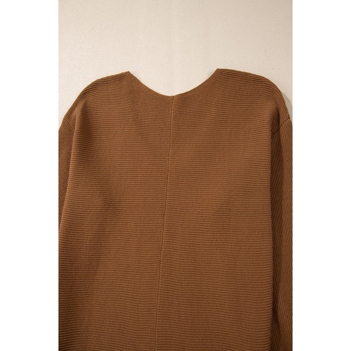 Camel Ribbed Knit Drop Sleeve V Neck Loose Fit Sweater - M - Main Image