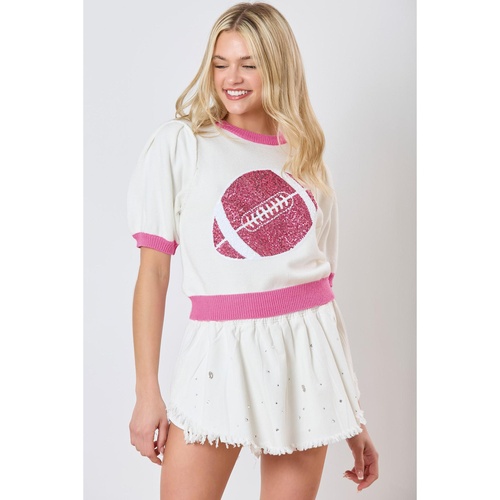 Pink Sequin Rugby Color Block Puff Short Sleeve Sweater - L - Main Image