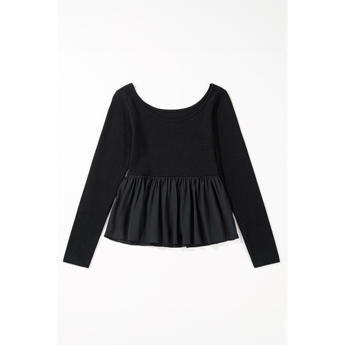 Black Ribbed Knit Long Sleeve Scoop Neck Peplum Patchwork Top - S - Main Image