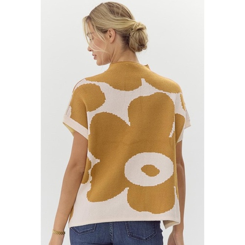 Camel Big Flower Pattern Stand Neck Short Sleeve Sweater - L - Main Image