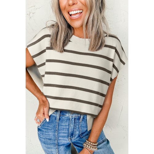 Azura Exchange Brown Stripe Side Slits Crewneck Short Sleeve Sweater Tee - L - Main Image