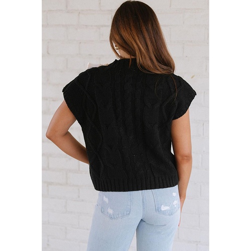 Black Cable Knit Colorblock Satin Bowknot Short Sleeve Sweater - L - Main Image
