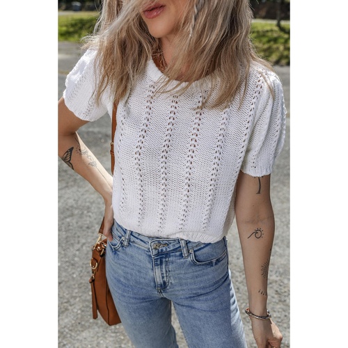 White Pointelle Knit Short Puff Sleeve Crewneck Sweater - L - Main Image