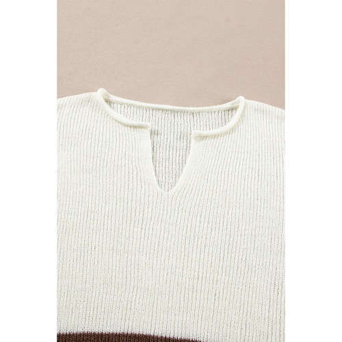 Brown Striped Accent Notched V Neck Cropped Sweater T Shirt - L - Main Image