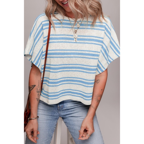 Sky Blue Stripe Boxy Fit Wide Sleeve Sweater T Shirt - L - Main Image