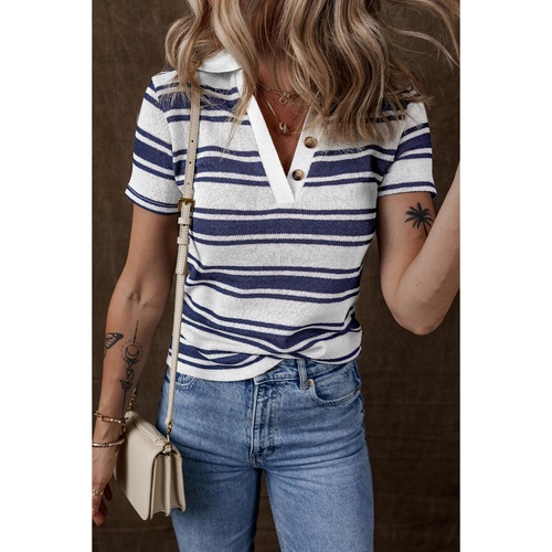 Dark Blue Stripe Collared Button V Neck Knitted T Shirt - S - Main Image