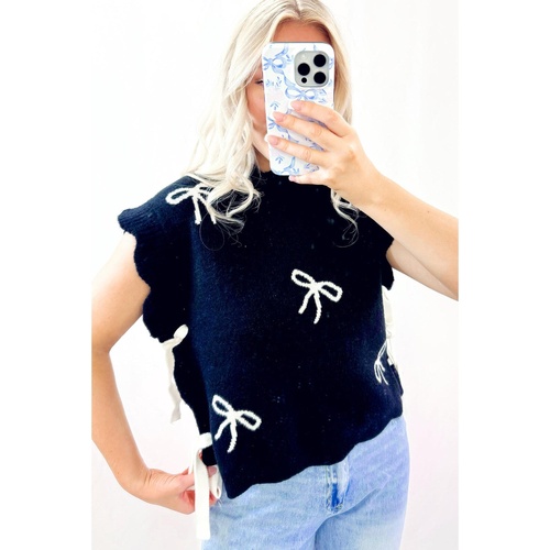 Black Bow Print Side Ties Scalloped Hem Sweater T Shirt - L - Main Image