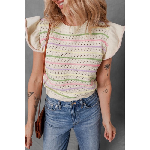 Oatmeal Colorful Striped Eyelet Knit Ruffled Sleeve Sweater T Shirt - S - Main Image