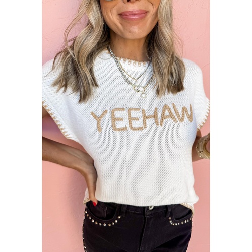 White Knitted YEEHAW Stitch Edge Crew Neck Sweater T Shirt - S - Main Image