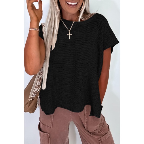 Black Solid Color Sweater Tee with Side Slits - S - Main Image