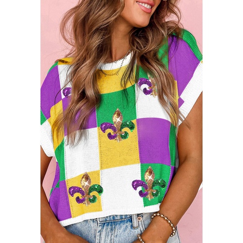 Tillandsia Purple Sequin Mardi Gras Fleur de Lis Color Block Sweater T Shirt - L - Main Image