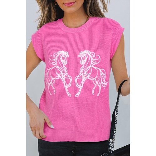 Sachet Pink Western Horse Embroidered Round Neck Sweater Tee - S - Main Image