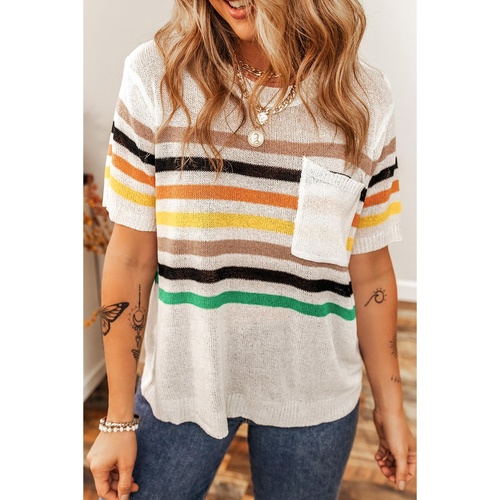 White Striped Pocketed Loose Fit Crewneck Knitted T Shirt - L - Main Image