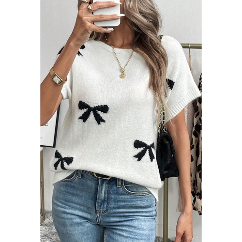 Black Bow Pattern Knit Short Sleeve Sweater - L - Main Image