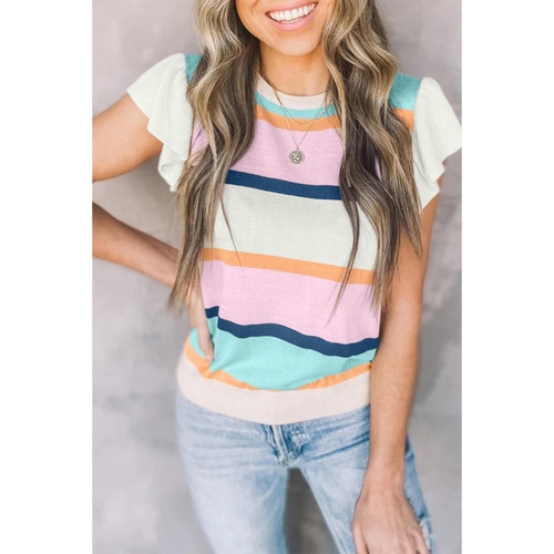 Multicolour Striped Color Block Flutter Sleeve Patchwork Sweater Top - L - Main Image