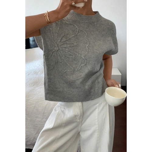 High Flower Pattern Ribbed Trim Short Sleeve Boxy Sweater - XL - Main Image