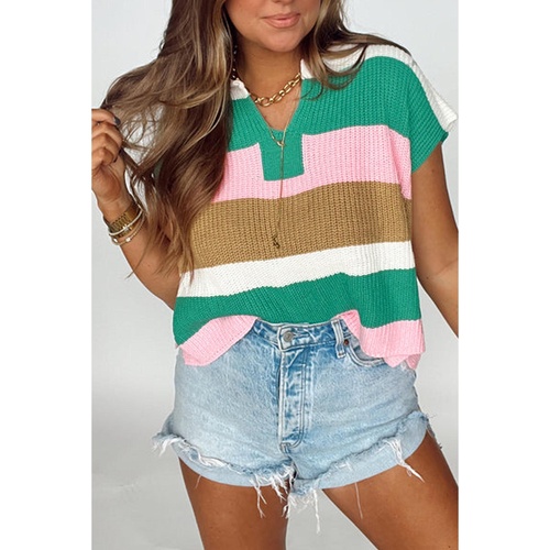 Multicolour Color Block Notch V Neck Sweater T Shirt - S - Main Image