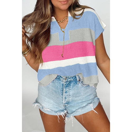 Light Blue Color Block Notch V Neck Sweater T Shirt - S - Main Image