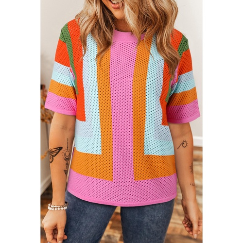 Orange Color Block Eyelet Casual Sweater T Shirt - XL - Main Image