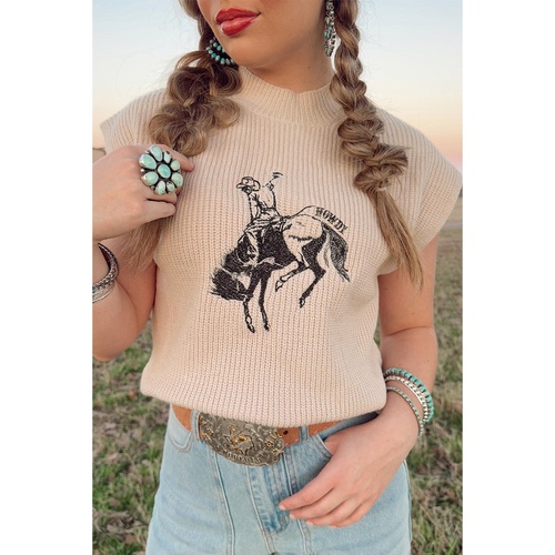 Oatmeal HOWDY Rodeo Cowboy Graphic High Neck Short Sleeve Sweater - S - Main Image