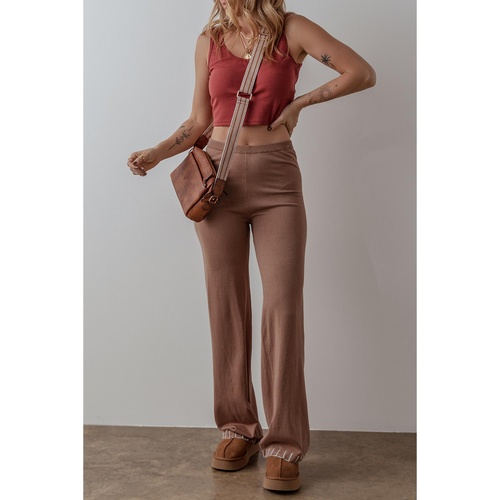 Straw Yellow High Waist Straight Leg Knitted Pants - L - Main Image