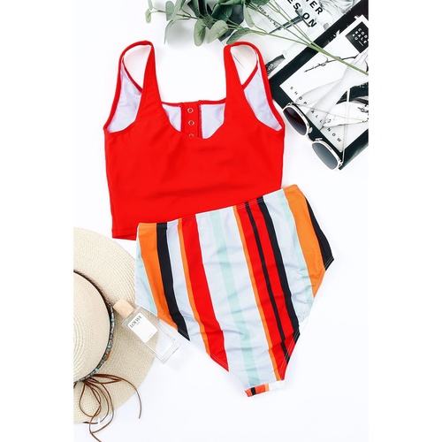 Square Neck Sleeveless Fashion Print Tankini Set - L - Main Image