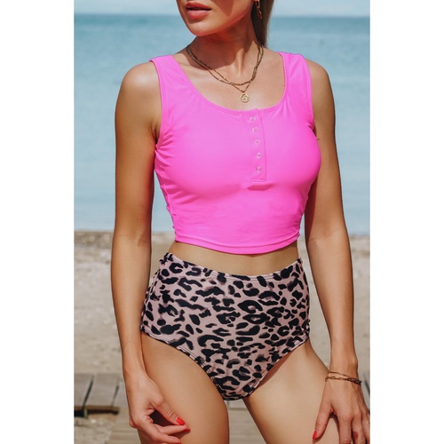 Leopard Square Neck Sleeveless Fashion Print Tankini Set - S - Main Image