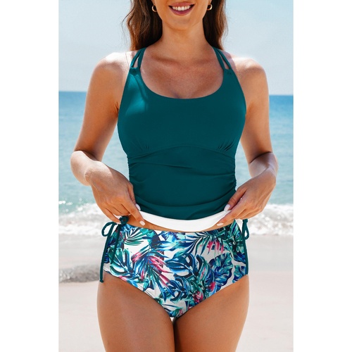 Sea Green Drawstring Tummy Control Mix-and-match 2pcs Tankini Swimsuit - 2XL - Main Image