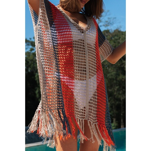 Multicolor Striped Tassel Crochet V Neck Beach Cover Up - S - Main Image
