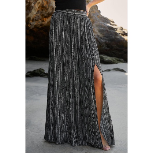 Black Printed Striped Printed Slit Wide Leg High Waist Pants - L - Main Image