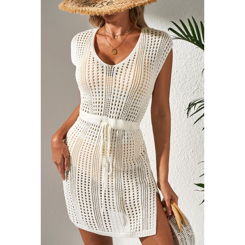 Beige Open Knit Drawstring Waist Beach Dress - XL - Main Image