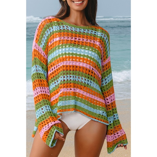 Carrot Multi Stripe Open Knit Sweater Beach Cover Up - XL - Main Image