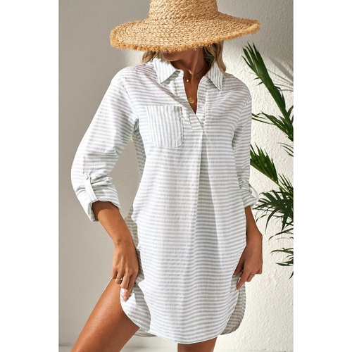 White Stripe Collared V Neck Chest Pocket Long Sleeve Beach Cover up - XL - Main Image