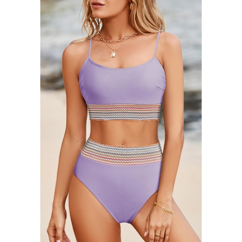 Orchid Petal Striped Patchwork Spaghetti Strap High Waist Bikini Swimsuit - L - Main Image