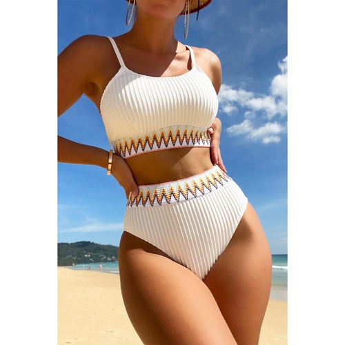 White Textured Contrast Banding Bikini High Waist 2pcs Swimsuit - XL - Main Image