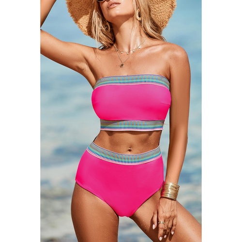 Rose Red Contrast Banding Tube Bikini High Waist 2pcs Swimsuit - M - Main Image