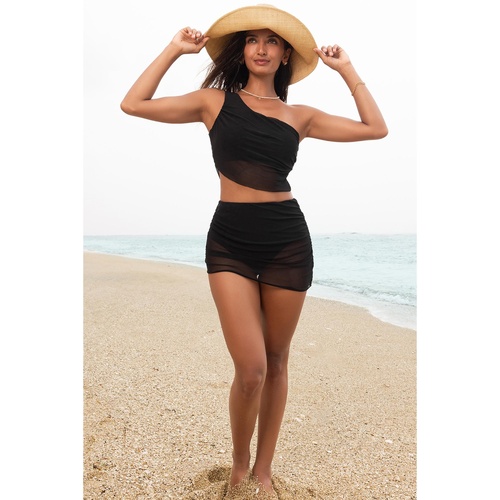 Black Pleated Mesh One Shoulder Bikini Top and Skirts Set - XL - Main Image